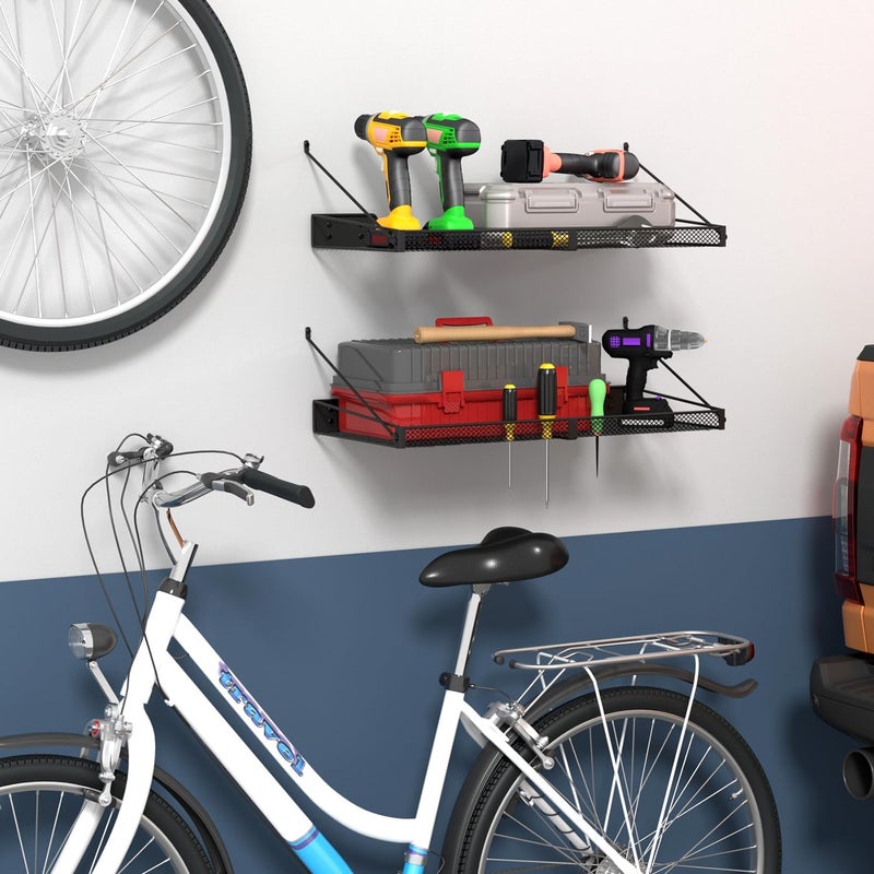 LASIDO Garage Wall Shelf (2PCS-23.6"x12"x2.2") Steel Wall Shelf Storage Rack-design of TRIANGULAR BRACKET, Wall Mount Heavy Duty Metal Shelves Mesh Storage Rack for Garage, Office, Basement Kitchen, Closet - Image 2